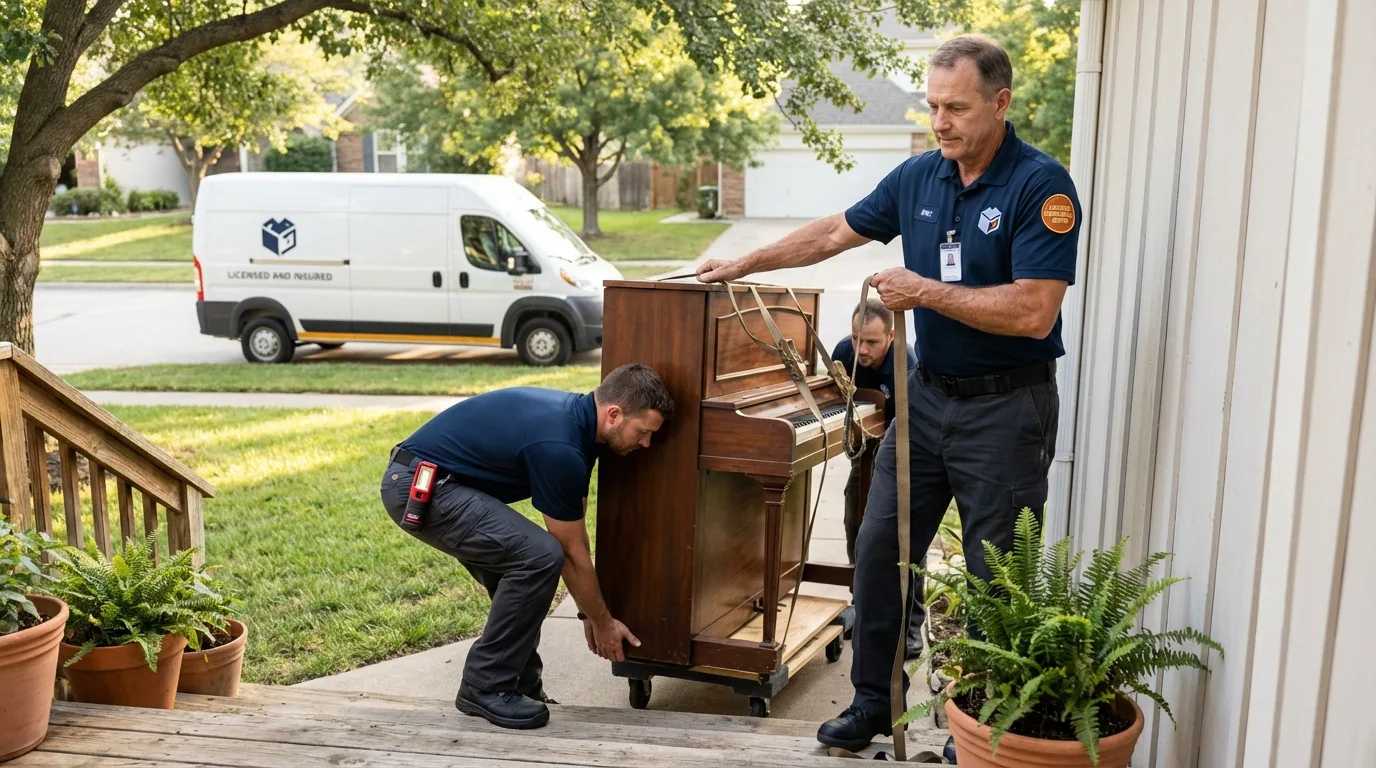 Licensed piano movers securing grand piano in Brewster, MA