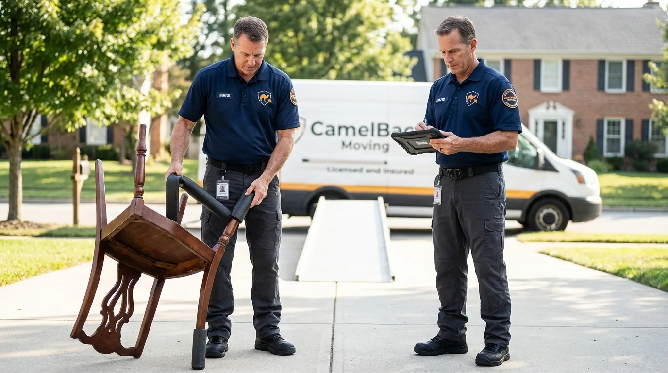 Movers inspecting furniture for damage prevention before loading in Brewster, MA