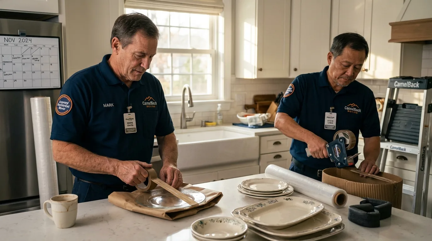 Professional crew packing kitchen dishware in Brewster, MA